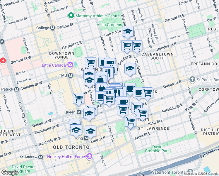 map of restaurants, bars, coffee shops, grocery stores, and more near 47 Mutual Street in Toronto