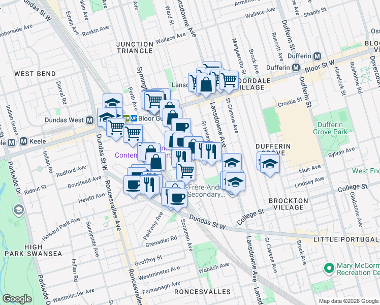 map of restaurants, bars, coffee shops, grocery stores, and more near 181 Sterling Road in Toronto