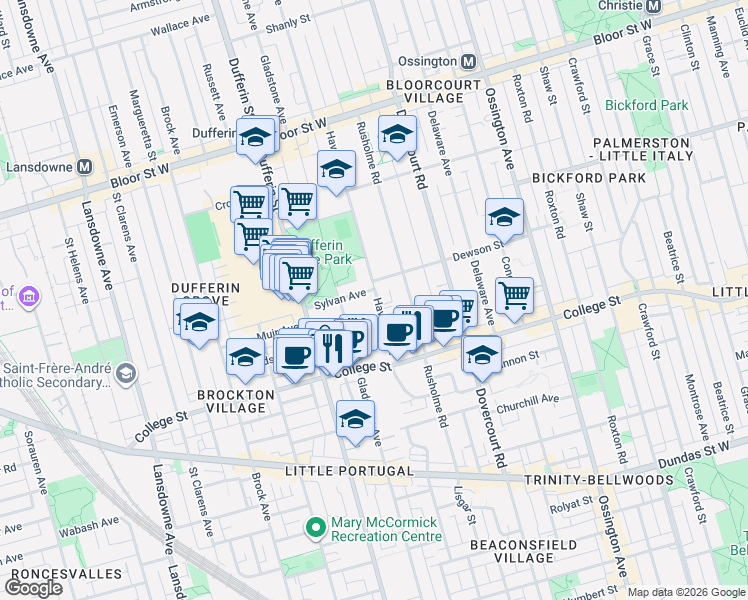 map of restaurants, bars, coffee shops, grocery stores, and more near 66 Havelock Street in Toronto