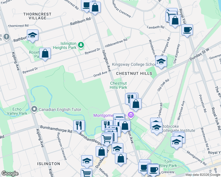 map of restaurants, bars, coffee shops, grocery stores, and more near 2B Fairway Road in Toronto