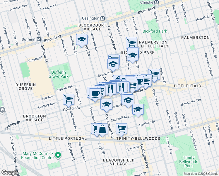 map of restaurants, bars, coffee shops, grocery stores, and more near 27 Delaware Avenue in Toronto
