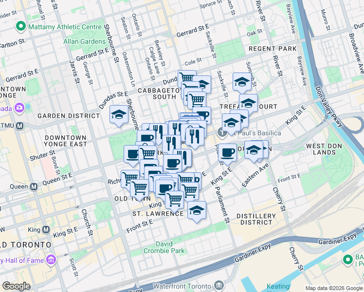 map of restaurants, bars, coffee shops, grocery stores, and more near 311 Queen Street East in Toronto