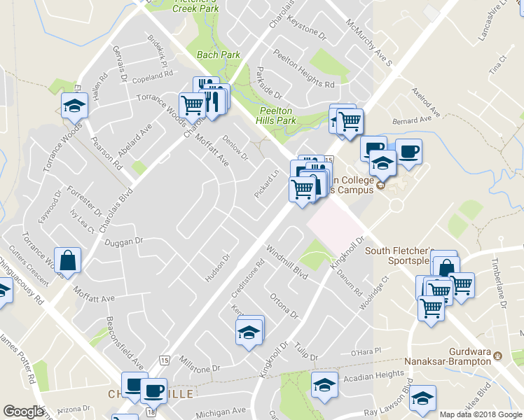 map of restaurants, bars, coffee shops, grocery stores, and more near 60 Pickard Lane in Brampton