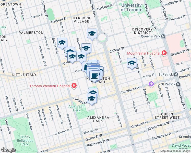 map of restaurants, bars, coffee shops, grocery stores, and more near 241 Augusta Avenue in Toronto