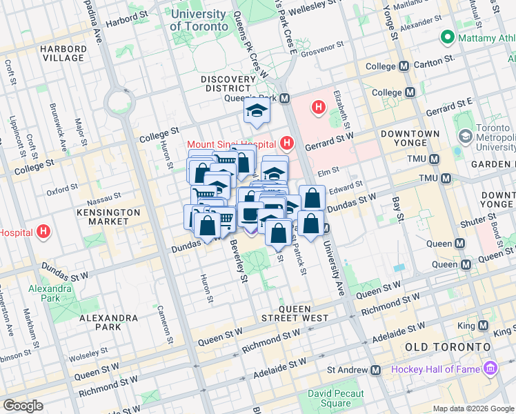 map of restaurants, bars, coffee shops, grocery stores, and more near 7 D'Arcy Street in Toronto