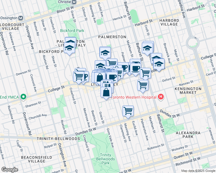 map of restaurants, bars, coffee shops, grocery stores, and more near 587 College Street in Toronto