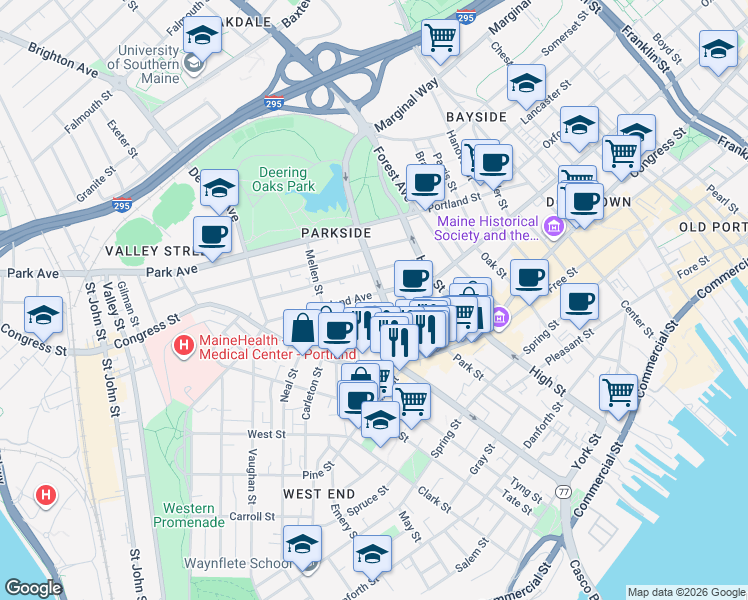 map of restaurants, bars, coffee shops, grocery stores, and more near in Portland