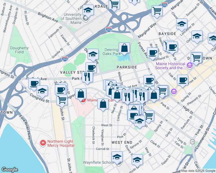 map of restaurants, bars, coffee shops, grocery stores, and more near 563 Cumberland Avenue in Portland