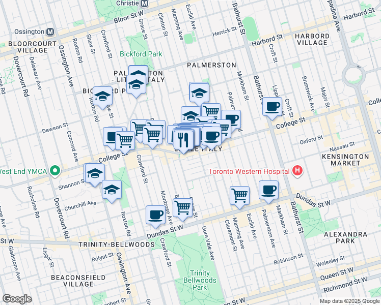 map of restaurants, bars, coffee shops, grocery stores, and more near in Toronto