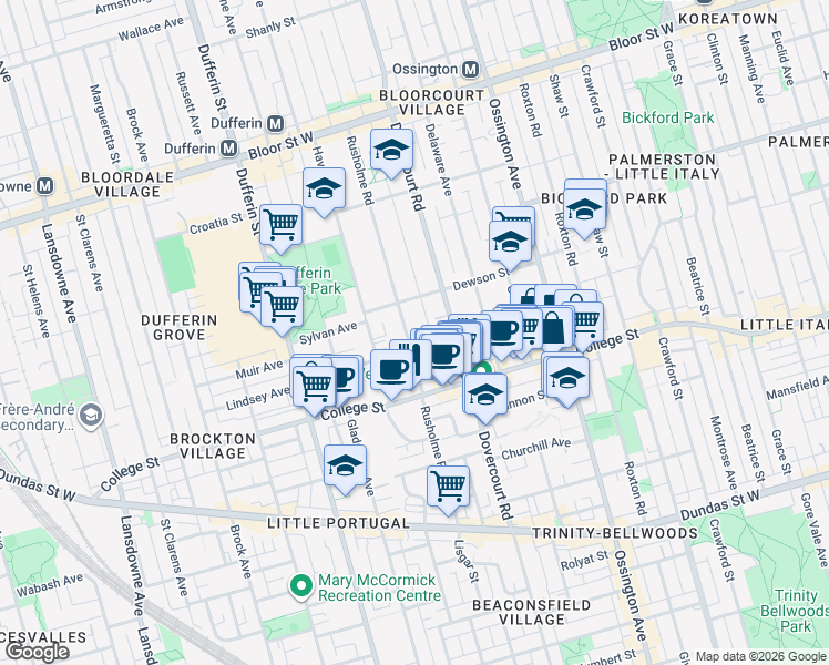 map of restaurants, bars, coffee shops, grocery stores, and more near in Toronto