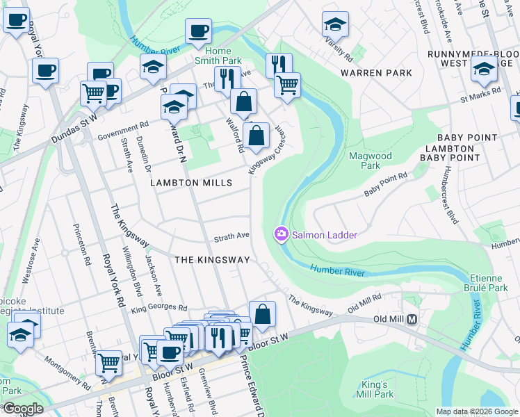 map of restaurants, bars, coffee shops, grocery stores, and more near in Toronto