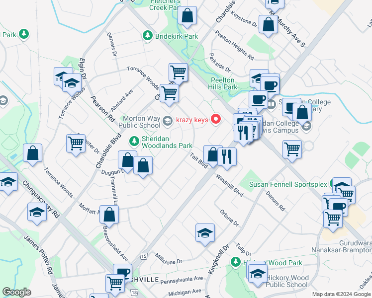 map of restaurants, bars, coffee shops, grocery stores, and more near in Brampton