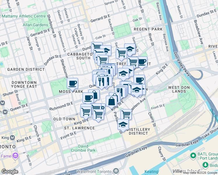 map of restaurants, bars, coffee shops, grocery stores, and more near 161 Parliament Street in Toronto
