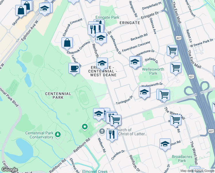 map of restaurants, bars, coffee shops, grocery stores, and more near Renforth Drive in Toronto