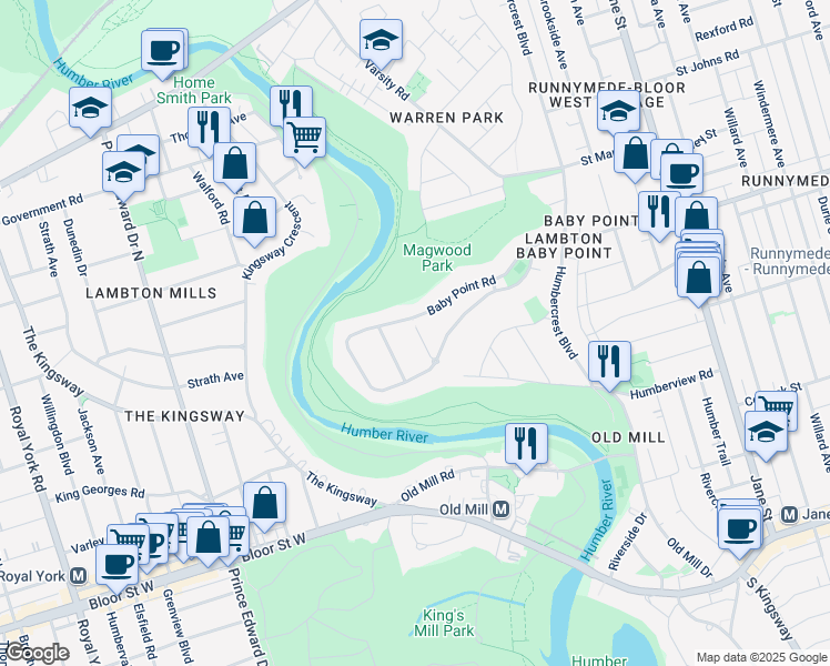 map of restaurants, bars, coffee shops, grocery stores, and more near 8 Baby Point Terrace in Toronto