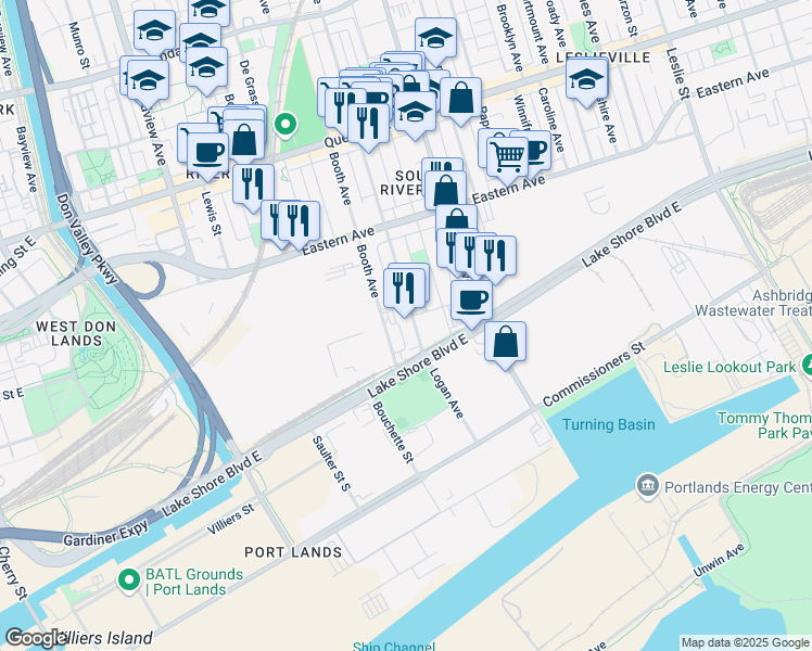map of restaurants, bars, coffee shops, grocery stores, and more near 25 Booth Avenue in Toronto