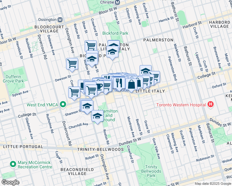 map of restaurants, bars, coffee shops, grocery stores, and more near in Toronto