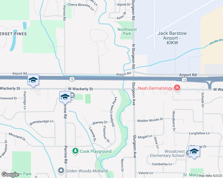 map of restaurants, bars, coffee shops, grocery stores, and more near 3601 West Wackerly Street in Midland