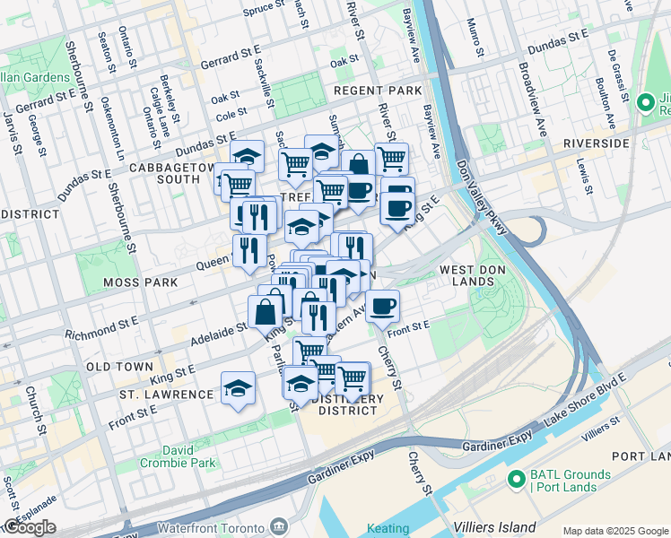 map of restaurants, bars, coffee shops, grocery stores, and more near Adelaide Street East in Toronto