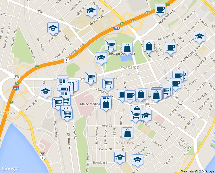 map of restaurants, bars, coffee shops, grocery stores, and more near Deering Ave & Sherman St in Portland