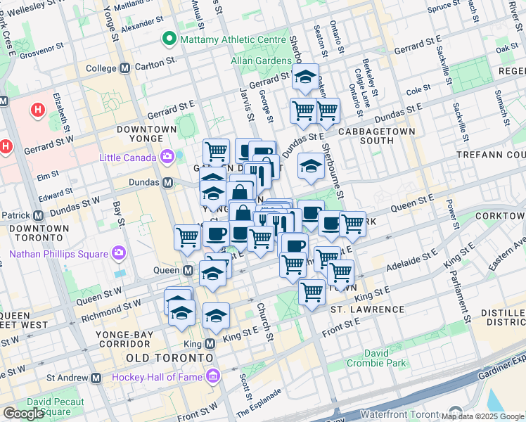 map of restaurants, bars, coffee shops, grocery stores, and more near 47 Mutual Street in Toronto