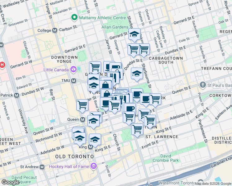 map of restaurants, bars, coffee shops, grocery stores, and more near 81 Shuter Street in Toronto
