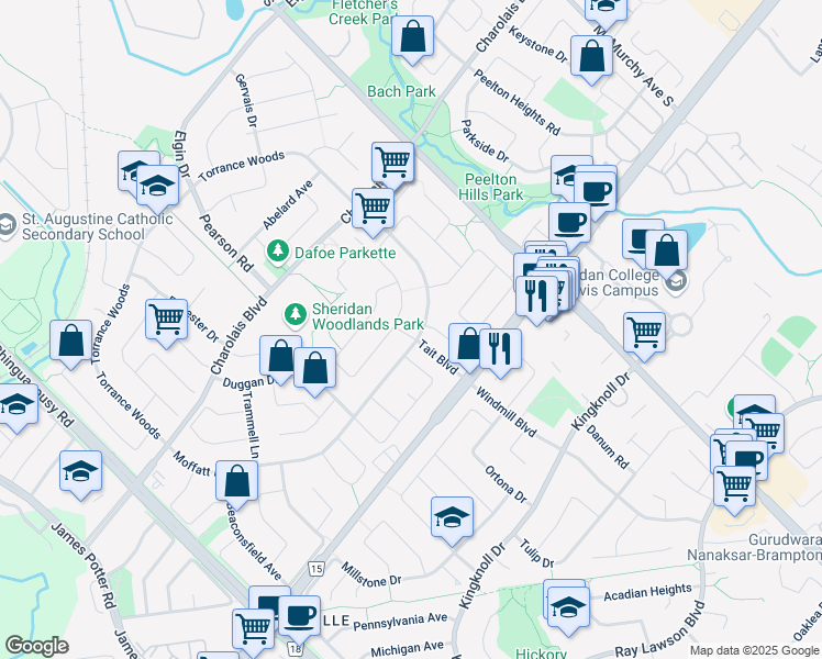 map of restaurants, bars, coffee shops, grocery stores, and more near in Brampton
