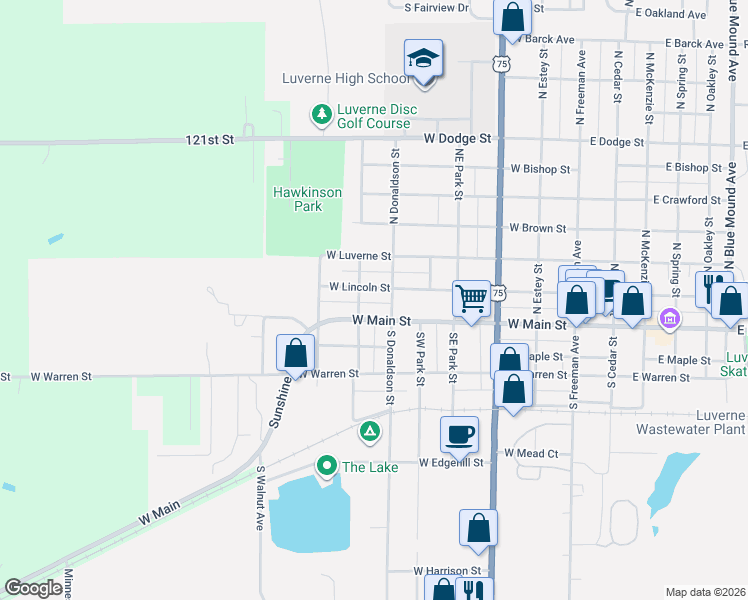map of restaurants, bars, coffee shops, grocery stores, and more near 602 West Main Street in Luverne
