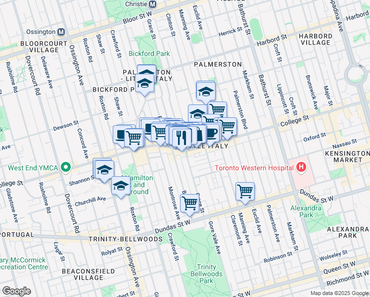 map of restaurants, bars, coffee shops, grocery stores, and more near 640 College Street in Toronto