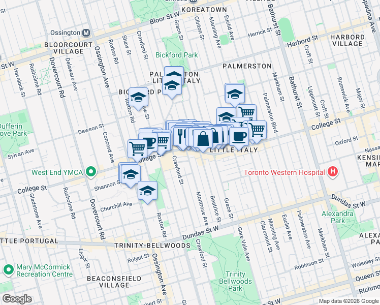 map of restaurants, bars, coffee shops, grocery stores, and more near 697 College Street in Toronto