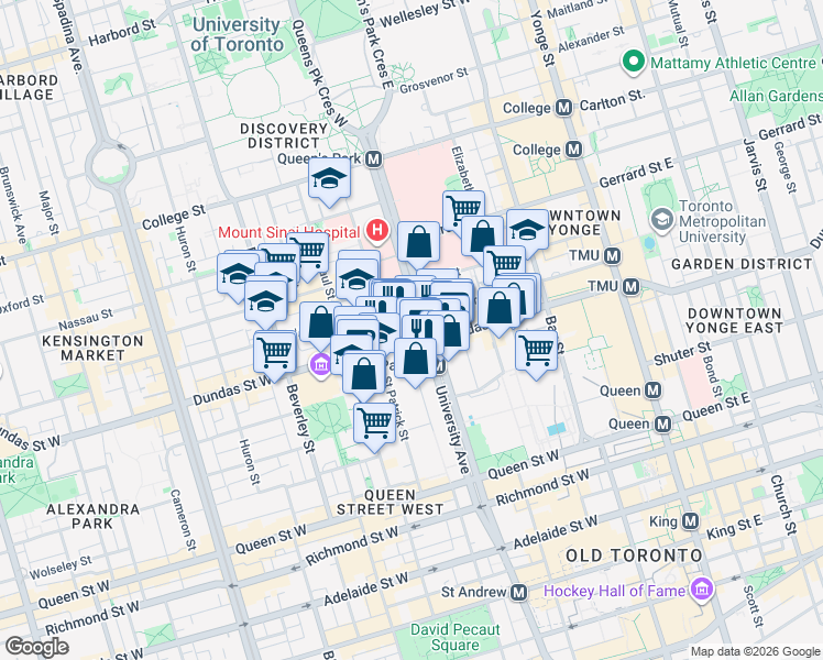 map of restaurants, bars, coffee shops, grocery stores, and more near 488 University Avenue in Toronto