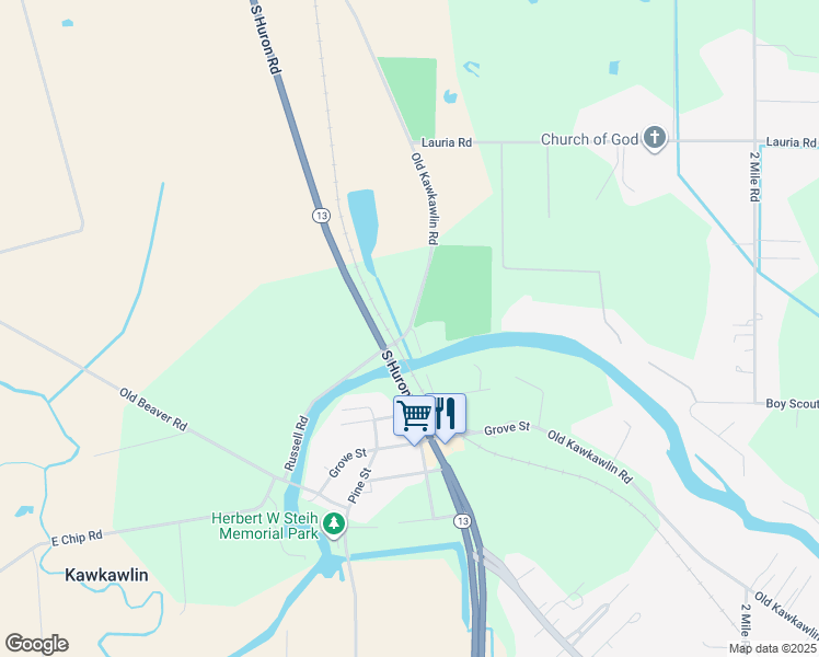 map of restaurants, bars, coffee shops, grocery stores, and more near 100 Old Kawkawlin Road in Kawkawlin