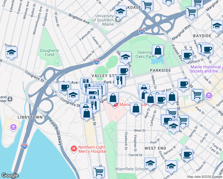 map of restaurants, bars, coffee shops, grocery stores, and more near 14 Boynton Street in Portland