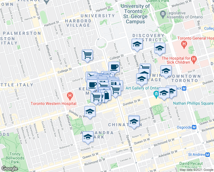 map of restaurants, bars, coffee shops, grocery stores, and more near 160 Baldwin Street in Toronto