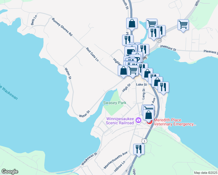 map of restaurants, bars, coffee shops, grocery stores, and more near 22 Water Street in Meredith