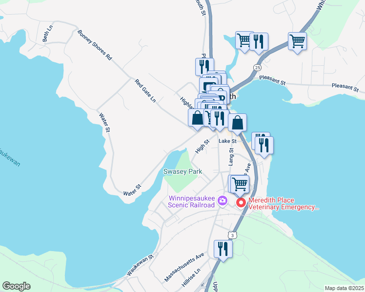 map of restaurants, bars, coffee shops, grocery stores, and more near 18 Water Street in Meredith