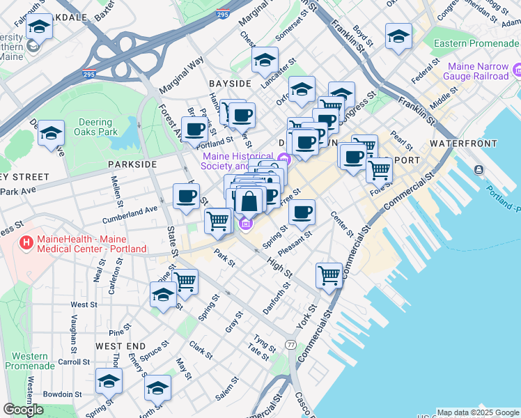 map of restaurants, bars, coffee shops, grocery stores, and more near 554 Congress Street in Portland