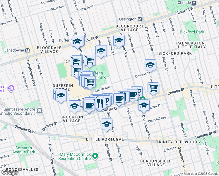 map of restaurants, bars, coffee shops, grocery stores, and more near 7 Sylvan Avenue in Toronto