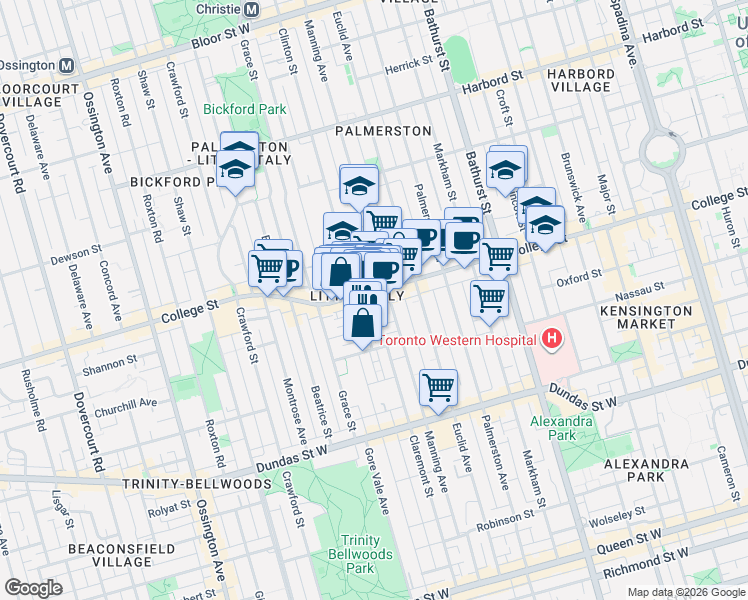 map of restaurants, bars, coffee shops, grocery stores, and more near in Toronto
