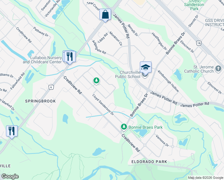 map of restaurants, bars, coffee shops, grocery stores, and more near 83 George Robinson Drive in Brampton