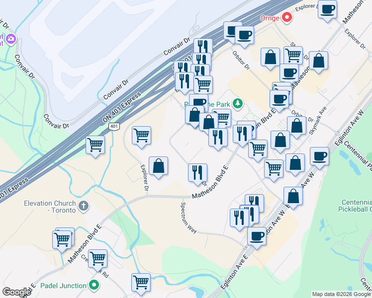 map of restaurants, bars, coffee shops, grocery stores, and more near 5255 Solar Drive in Mississauga