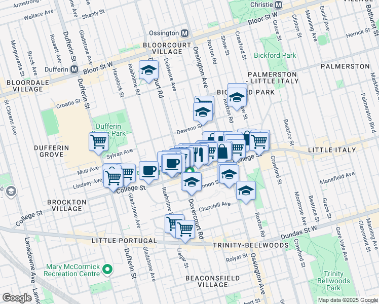 map of restaurants, bars, coffee shops, grocery stores, and more near 30 Delaware Avenue in Toronto