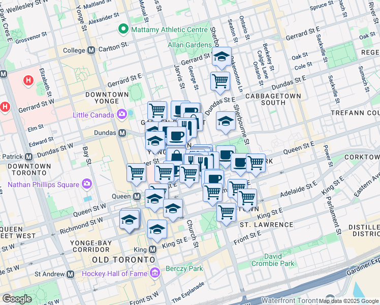 map of restaurants, bars, coffee shops, grocery stores, and more near 79 Shuter Street in Toronto