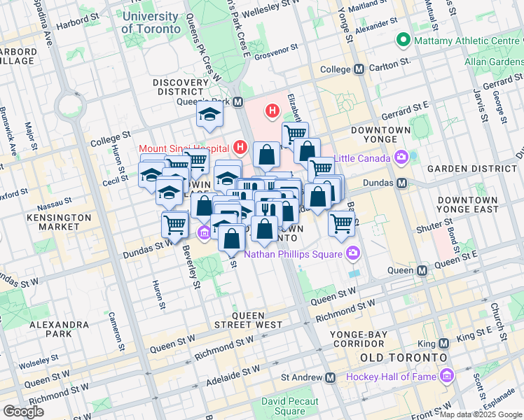 map of restaurants, bars, coffee shops, grocery stores, and more near 488 University Avenue in Toronto