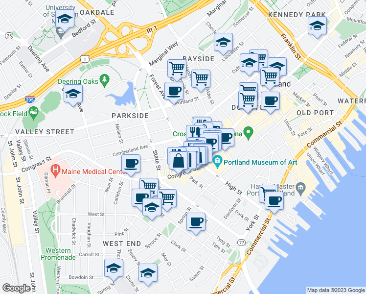 map of restaurants, bars, coffee shops, grocery stores, and more near 180 High Street in Portland