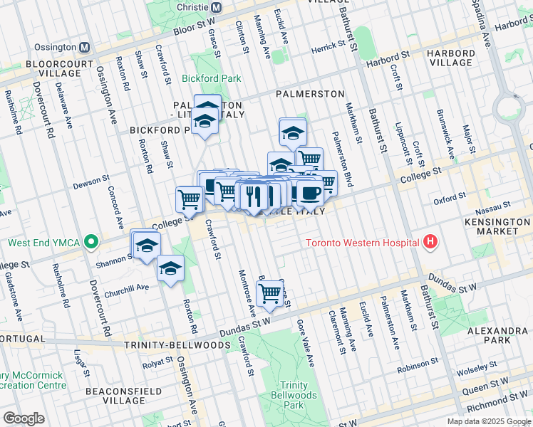 map of restaurants, bars, coffee shops, grocery stores, and more near 660 College Street in Toronto