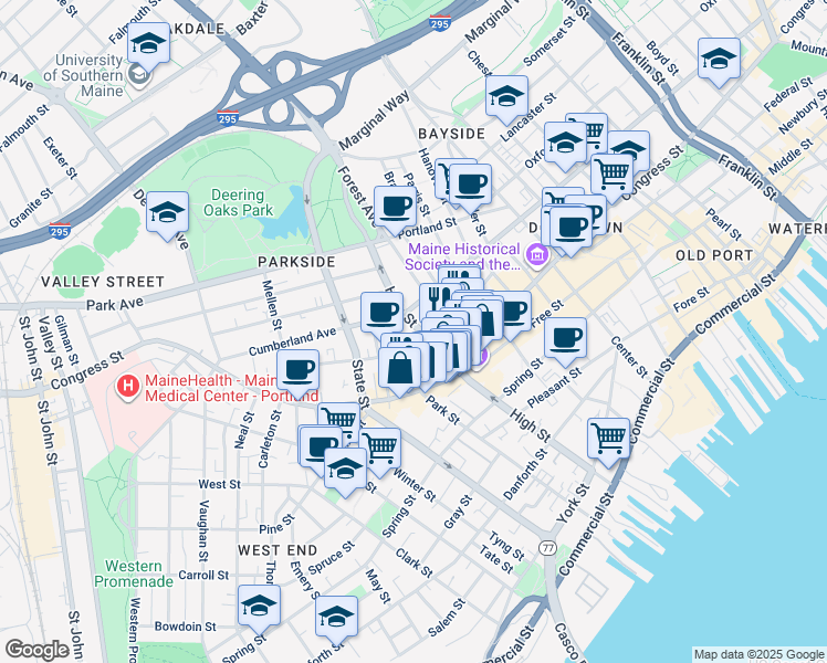 map of restaurants, bars, coffee shops, grocery stores, and more near 156 High Street in Portland