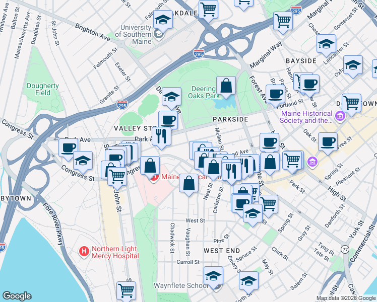 map of restaurants, bars, coffee shops, grocery stores, and more near 819 Congress Street in Portland
