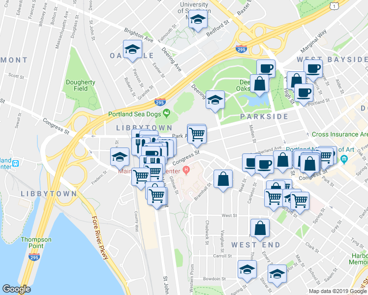 map of restaurants, bars, coffee shops, grocery stores, and more near 887 Congress Street in Portland