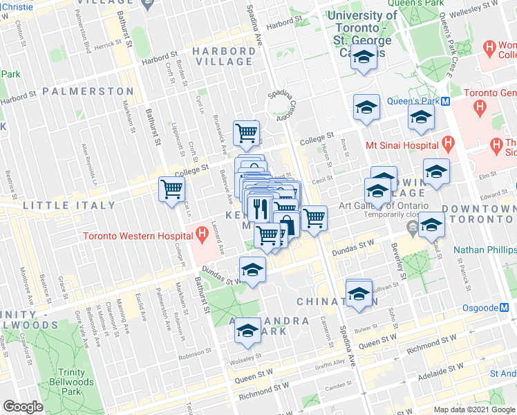 map of restaurants, bars, coffee shops, grocery stores, and more near 241 Augusta Avenue in Toronto